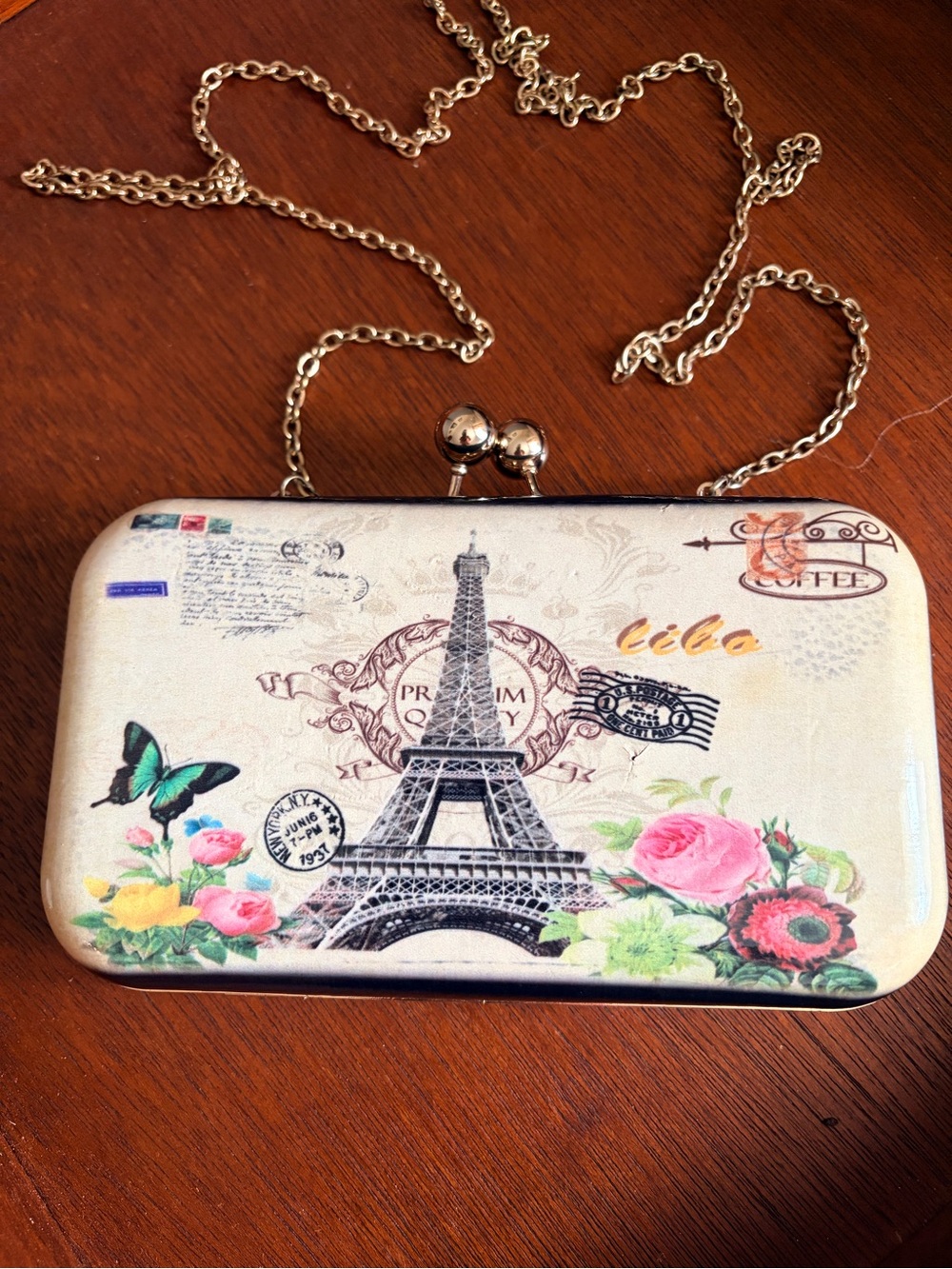 Vintage Paris Eiffel Tower Floral Clutch in Cream & Pink